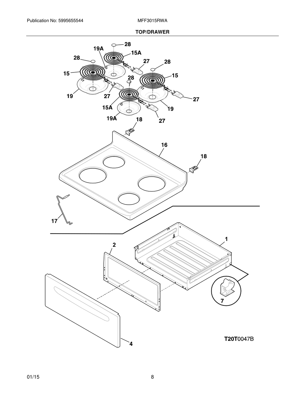 Top/Drawer Diagram and Parts List for MFF3015RWA  Frigidaire Range