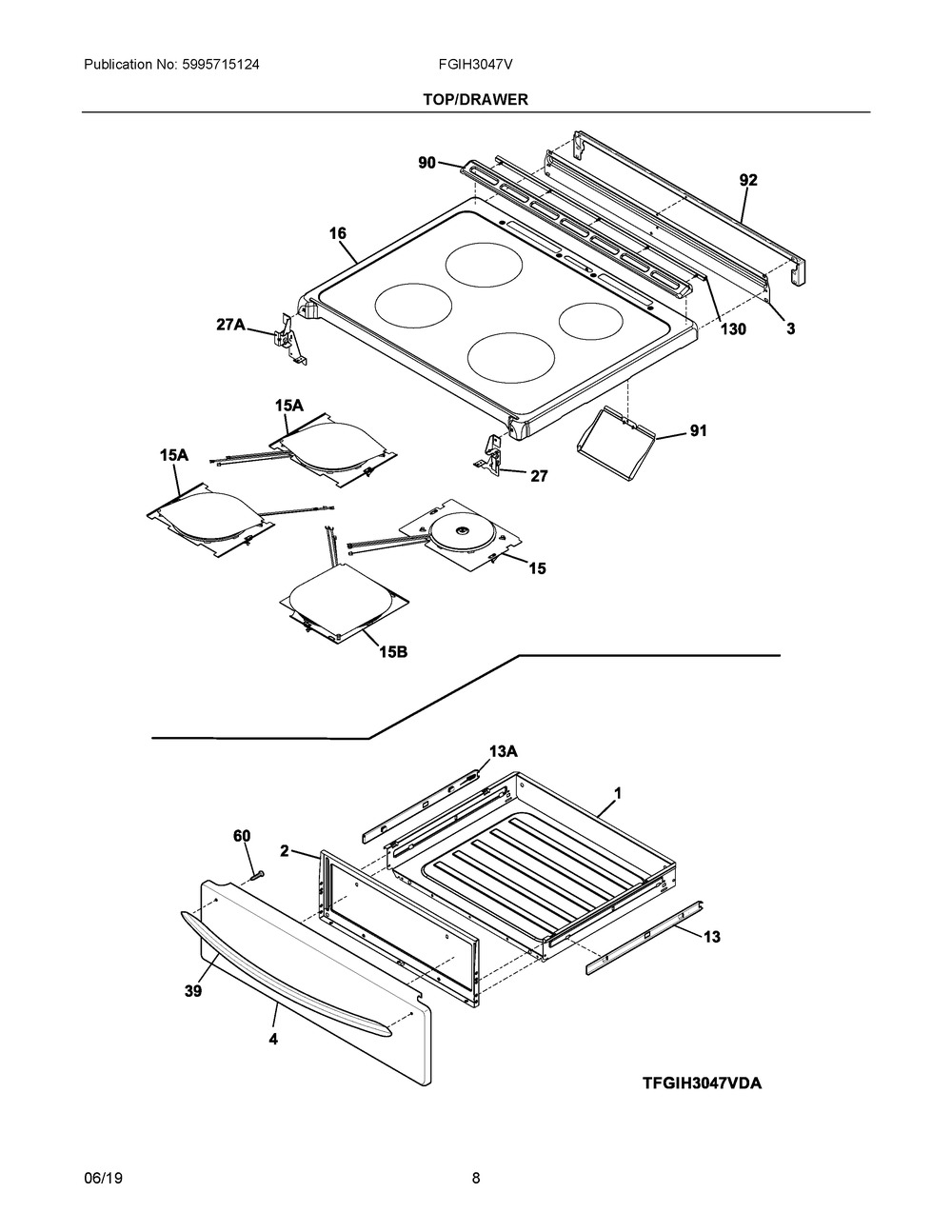Top/drawer Diagram and Parts List for FGIH3047VDA  Frigidaire Range
