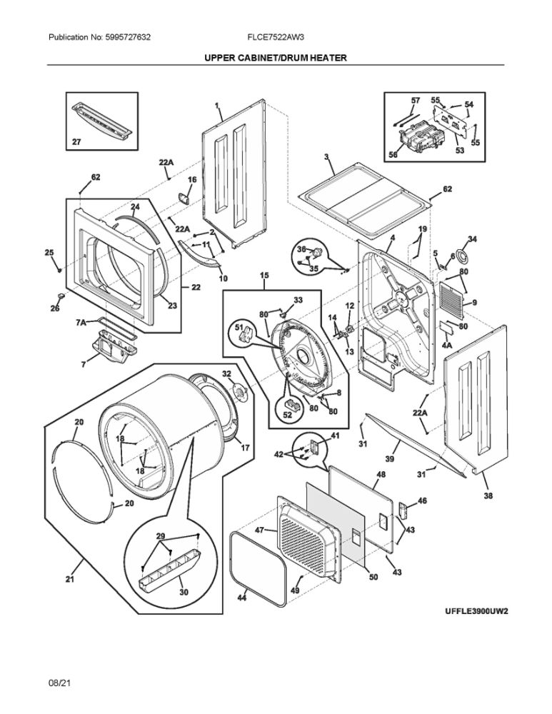 Upper Cabinet/Drum Heater Diagram and Parts List for FLCE7522AW3  Frigidaire Washer Dryer Combo
