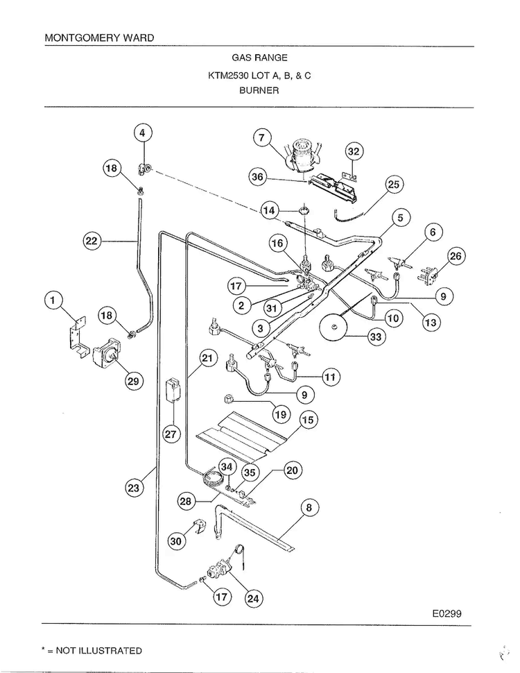 Burner Diagram and Parts List for 2530B  Frigidaire Range