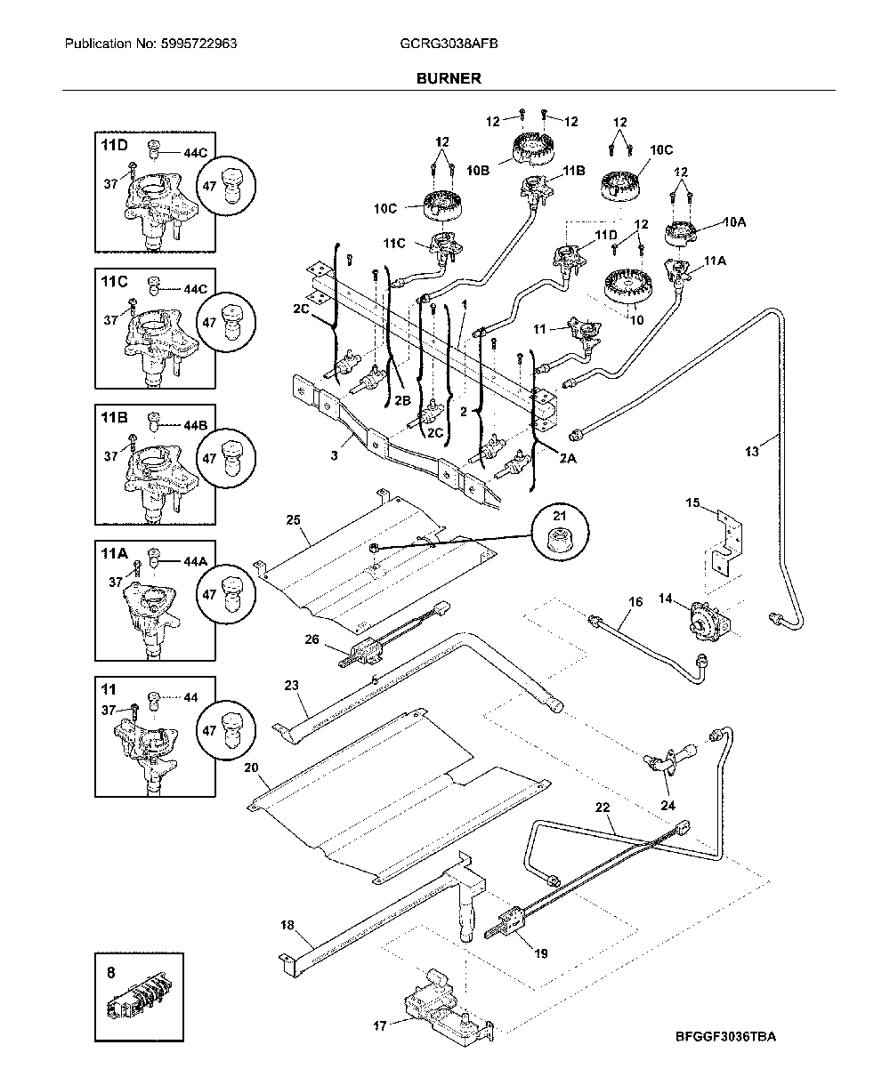 Burner Diagram and Parts List for GCRG3038AFB  Frigidaire Range