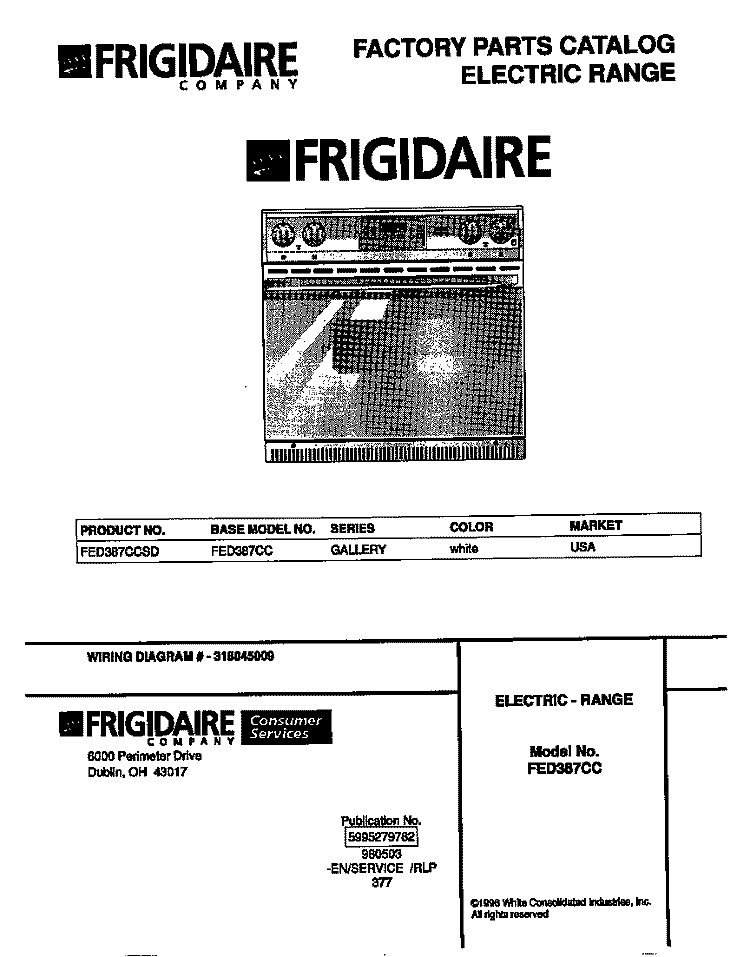 COVER Diagram and Parts List for FED387CCSD  Frigidaire Wall Oven