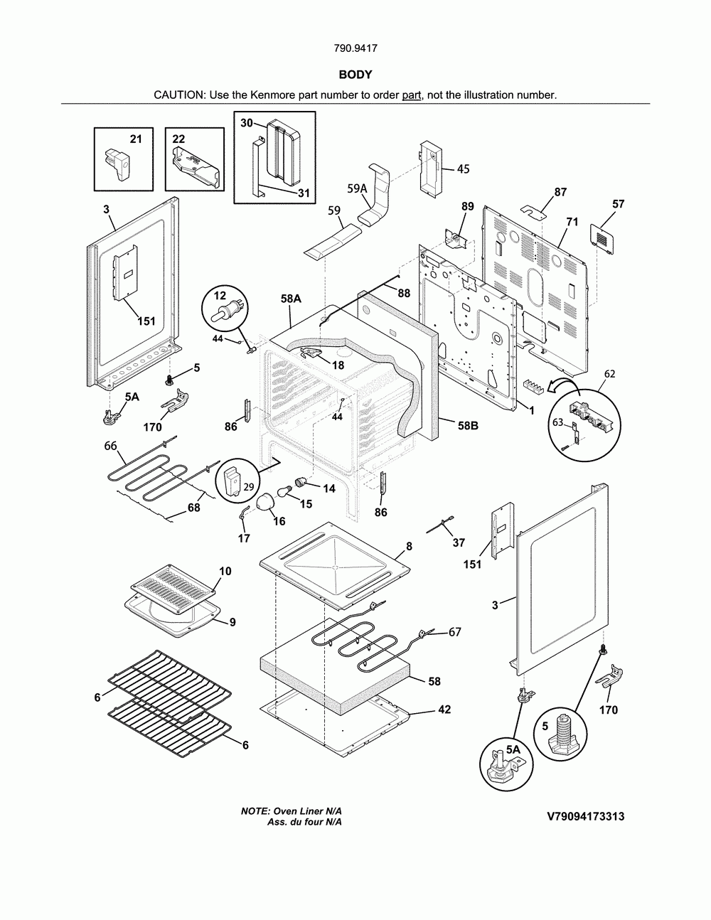 Body Diagram and Parts List for 79094172313  Kenmore Range