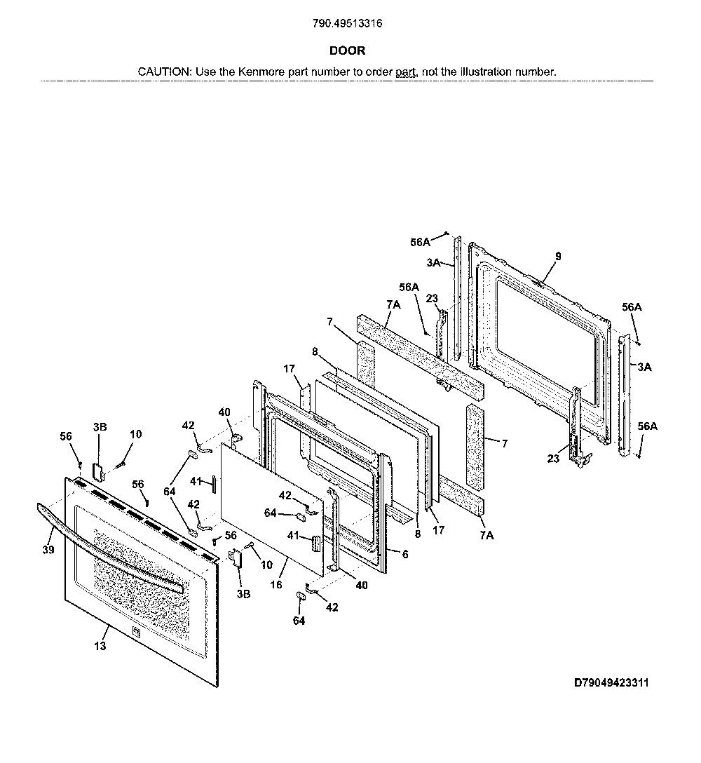 Door Diagram and Parts List for 79049513316  Kenmore Wall Oven