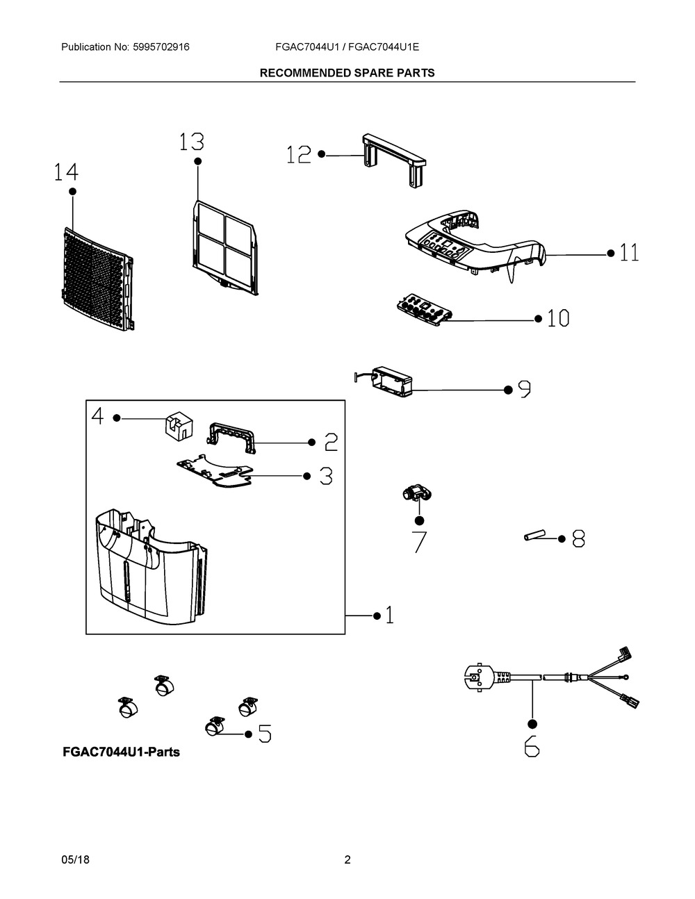 Recommended Spare Parts Diagram and Parts List for FGAC7044U1E01  Frigidaire Dehumidifier