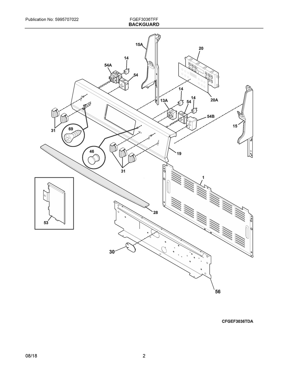 Backguard Diagram and Parts List for FGEF3036TFF  Frigidaire Range
