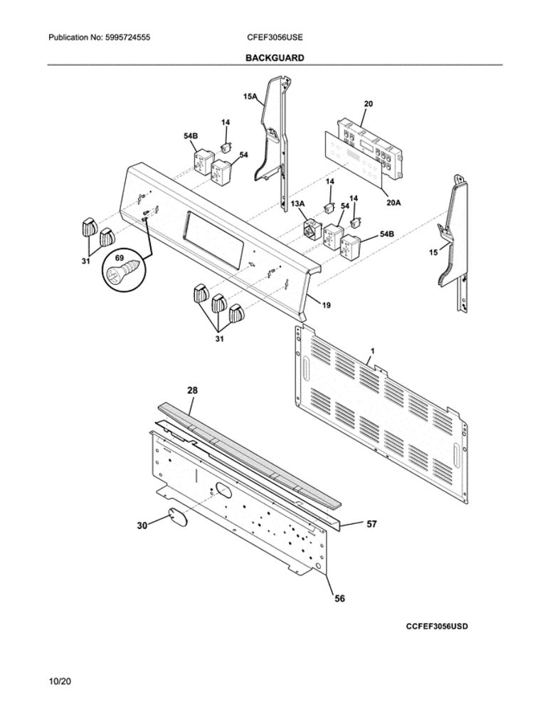 Backguard Diagram and Parts List for CFEF3056USE  Frigidaire Range
