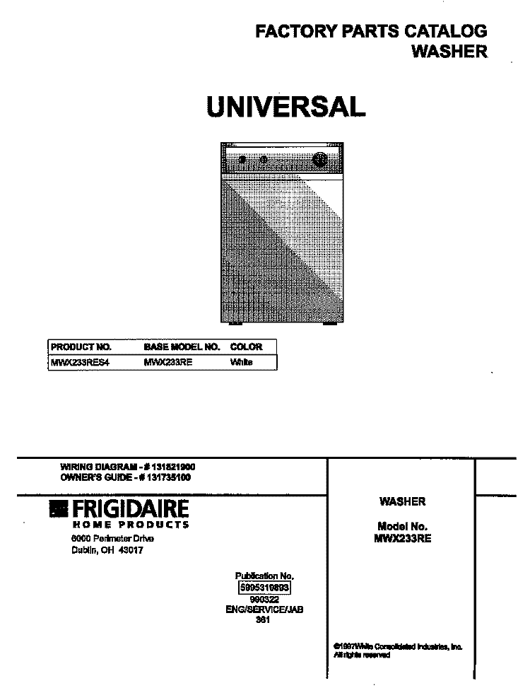 COVER Diagram and Parts List for MWX233RES4  Frigidaire Washer