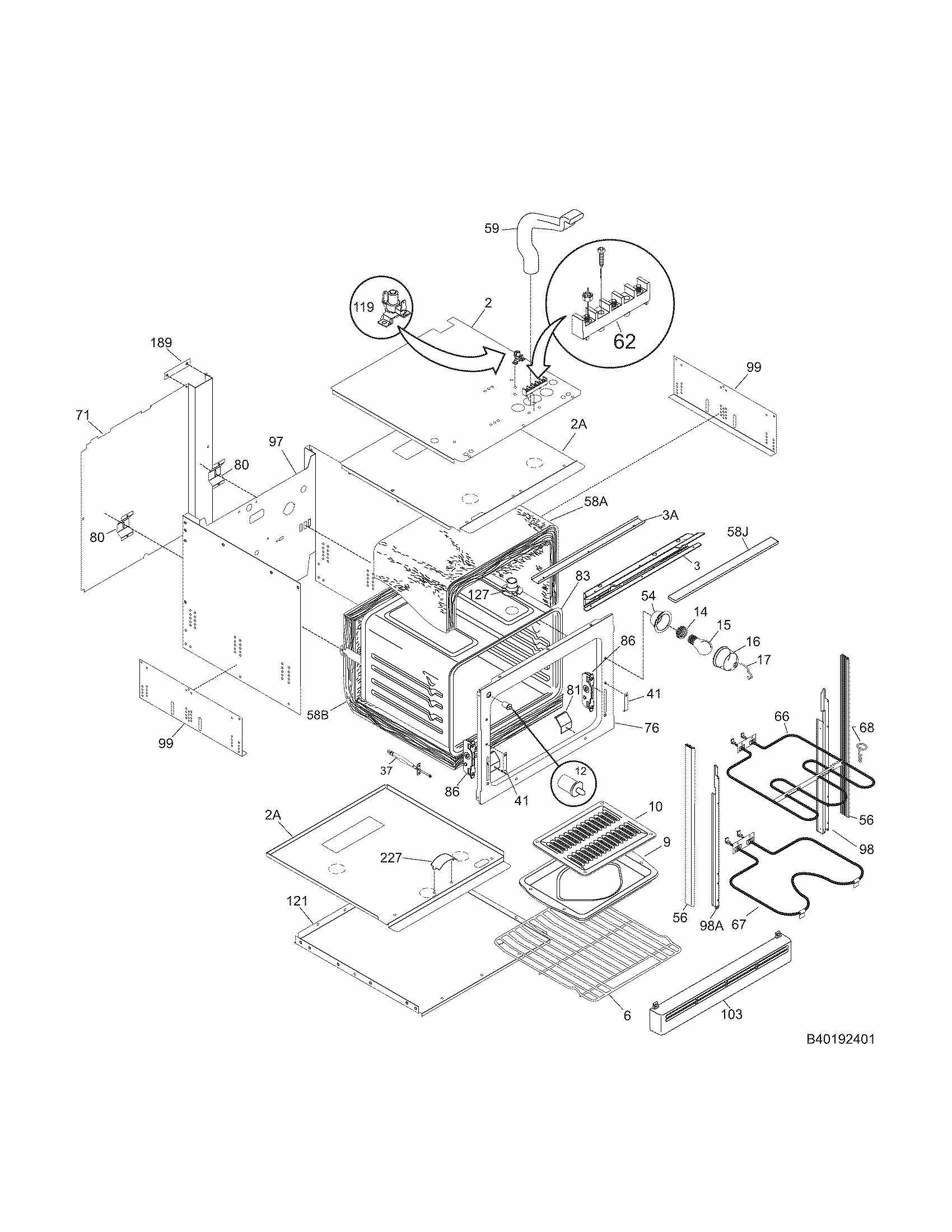 Body Diagram and Parts List for 79040192402  Kenmore Wall Oven