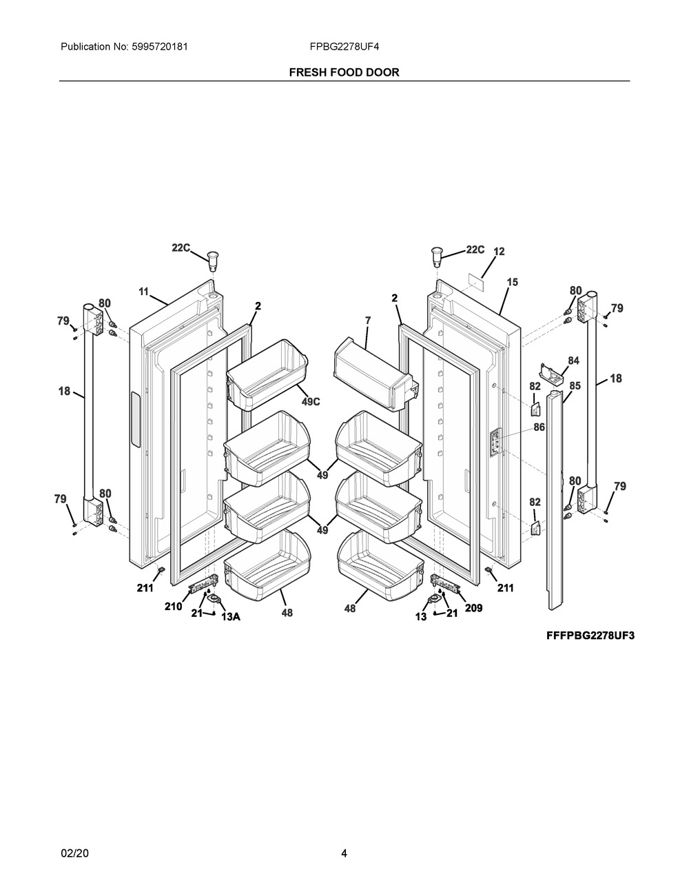 Fresh Food Door Diagram and Parts List for FPBG2278UF4  Frigidaire Refrigerator