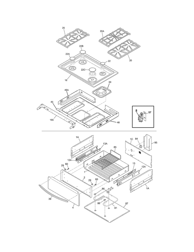 Top/drawer Diagram and Parts List for CGDS3065KF6  Frigidaire Range