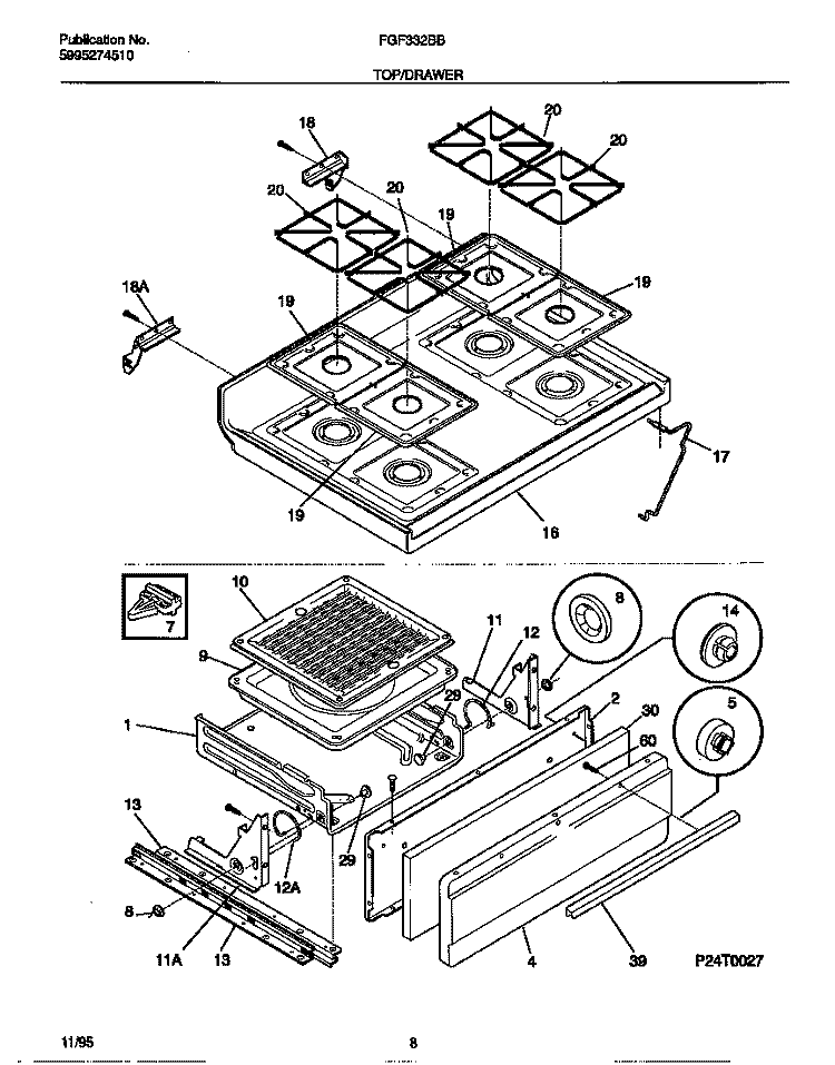 TOP / DRAWER Diagram and Parts List for FGF332BBWB  Frigidaire Range