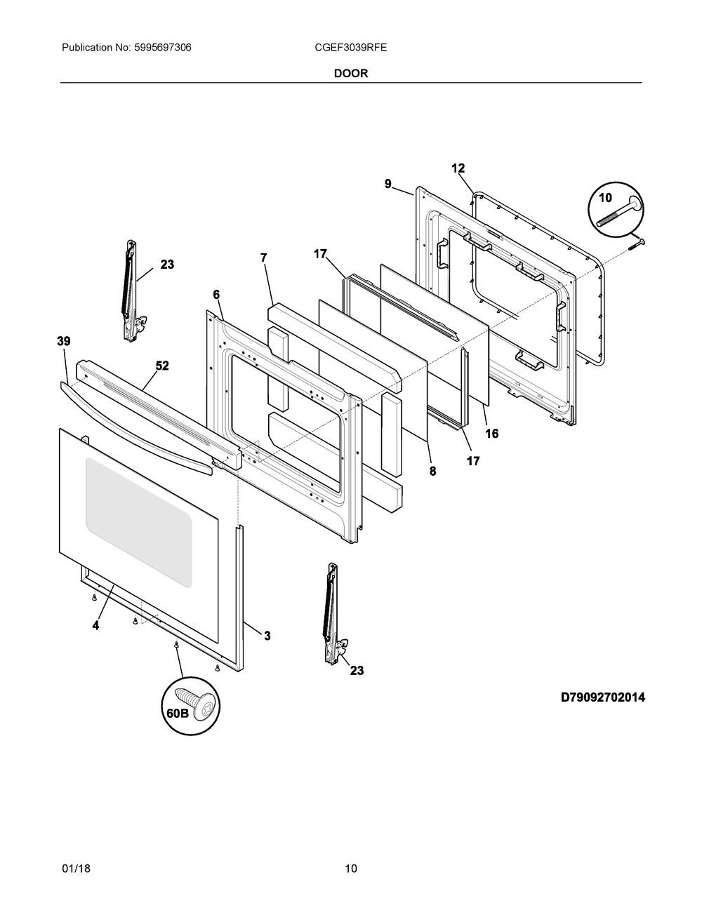 Door Diagram and Parts List for CGEF3039RFE  Frigidaire Range