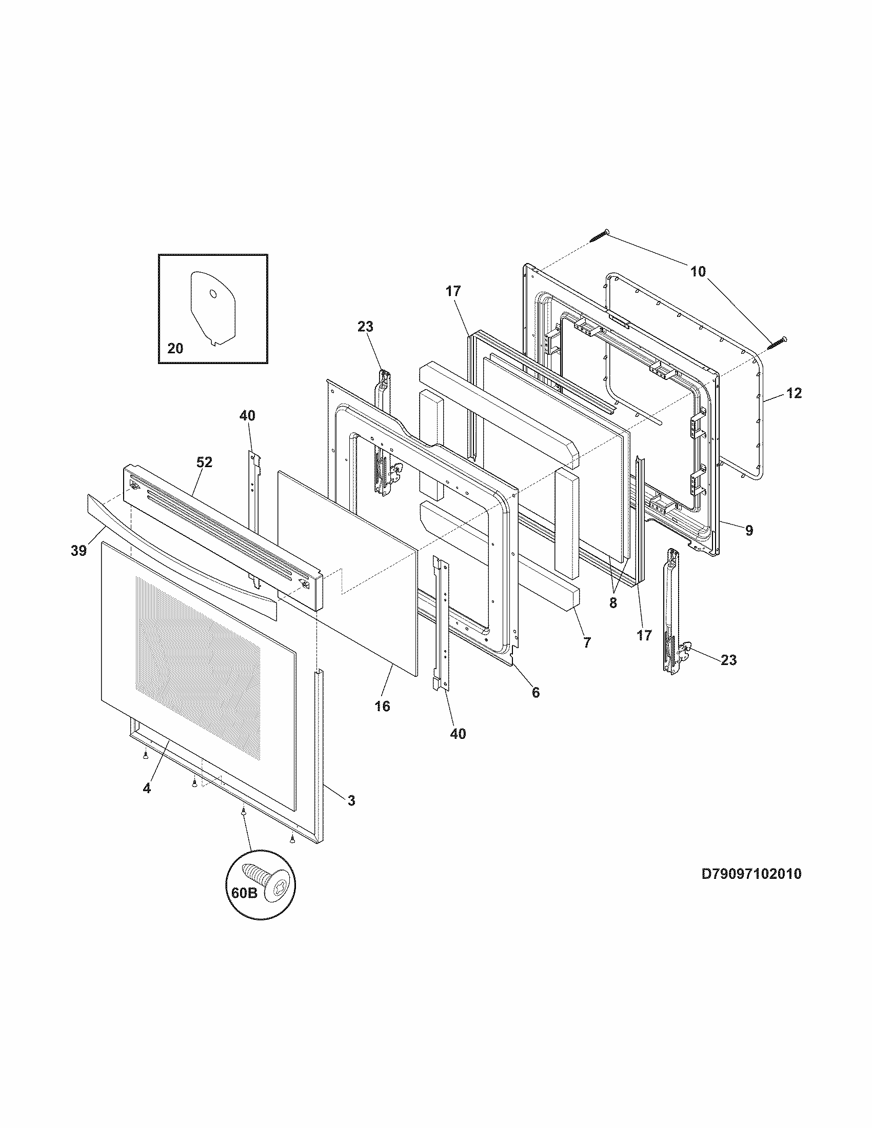 Door Diagram and Parts List for 79095059310  Kenmore Range