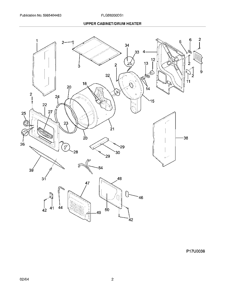 UPPER CABINET / DRUM HEATER Diagram and Parts List for FLGB8200DS1  Frigidaire Washer Dryer Combo