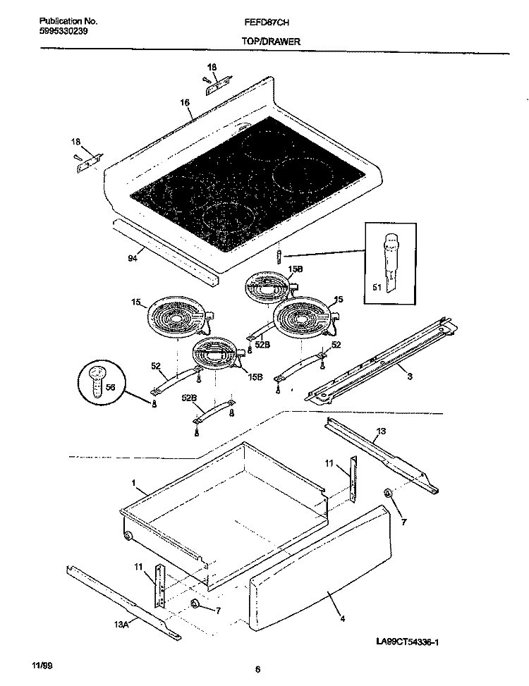 TOP / DRAWER Diagram and Parts List for FEFD67CHBE  Frigidaire Range