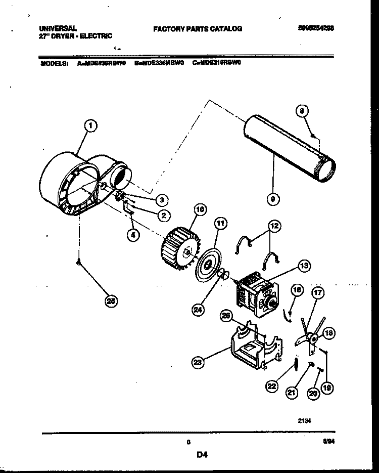 BLOWER AND DRIVE PARTS Diagram and Parts List for MDE336MBD0  Frigidaire Dryer