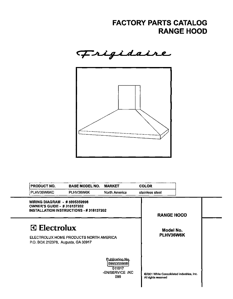 COVER Diagram and Parts List for PLHV36W6KC  Frigidaire Range Hood