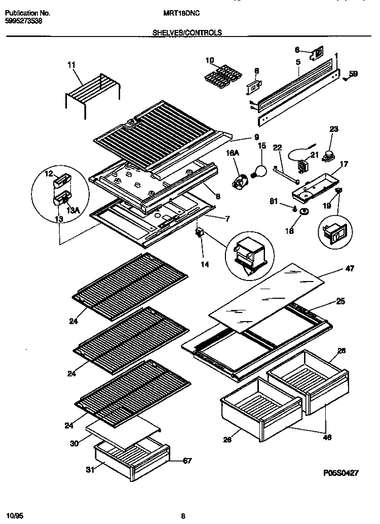SHELVES / CONTROLS Diagram and Parts List for MRT18DNCW2  Frigidaire Refrigerator