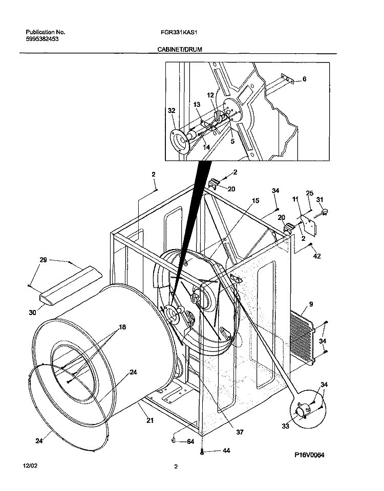 CABINET / DRUM Diagram and Parts List for FGR331KAS1  Frigidaire Dryer