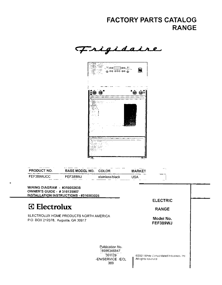 COVER Diagram and Parts List for FEF389WJCC  Frigidaire Range