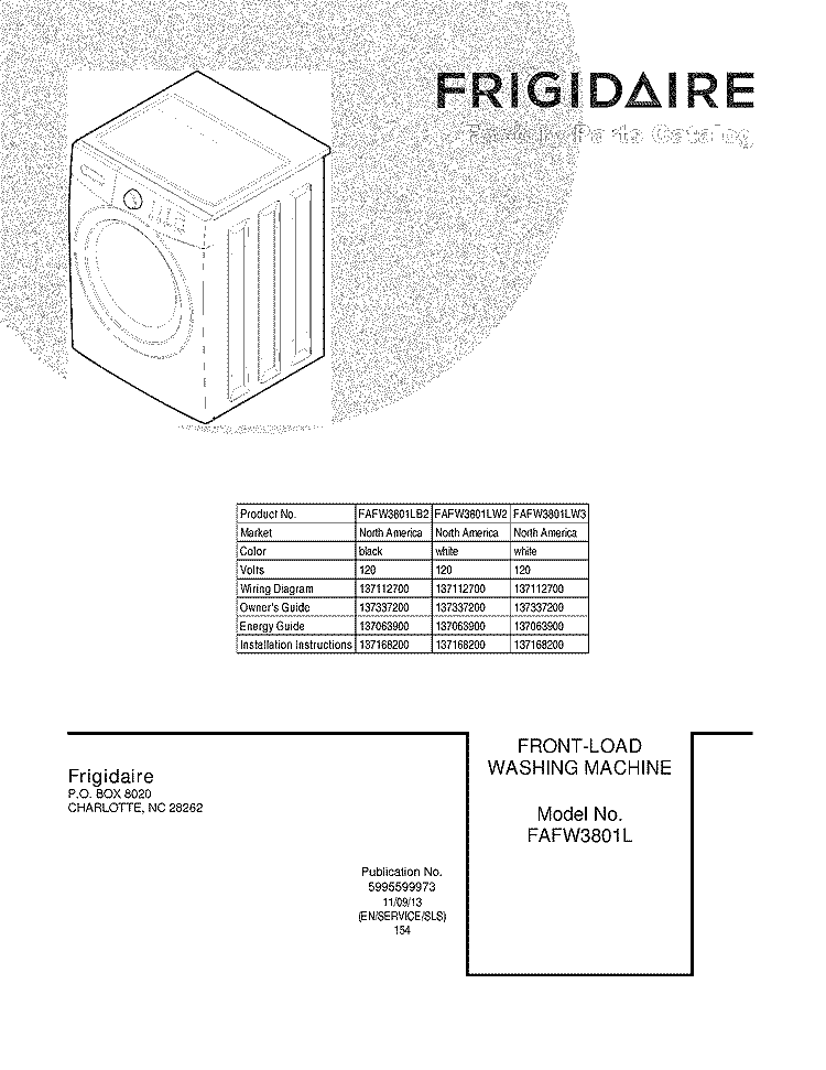 COVER Diagram and Parts List for FAFW3801LW3  Frigidaire Washer