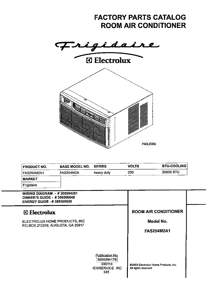 COVER Diagram and Parts List for FAS254M2A1  Frigidaire Air Conditioner