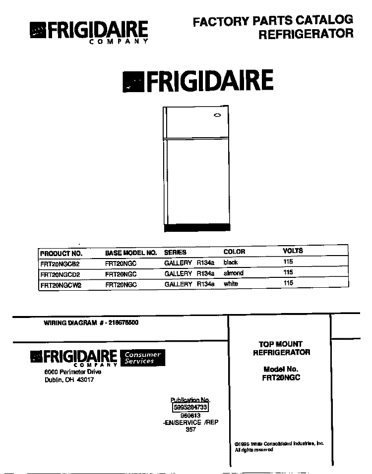 COVER Diagram and Parts List for FRT20NGCB2  Frigidaire Refrigerator