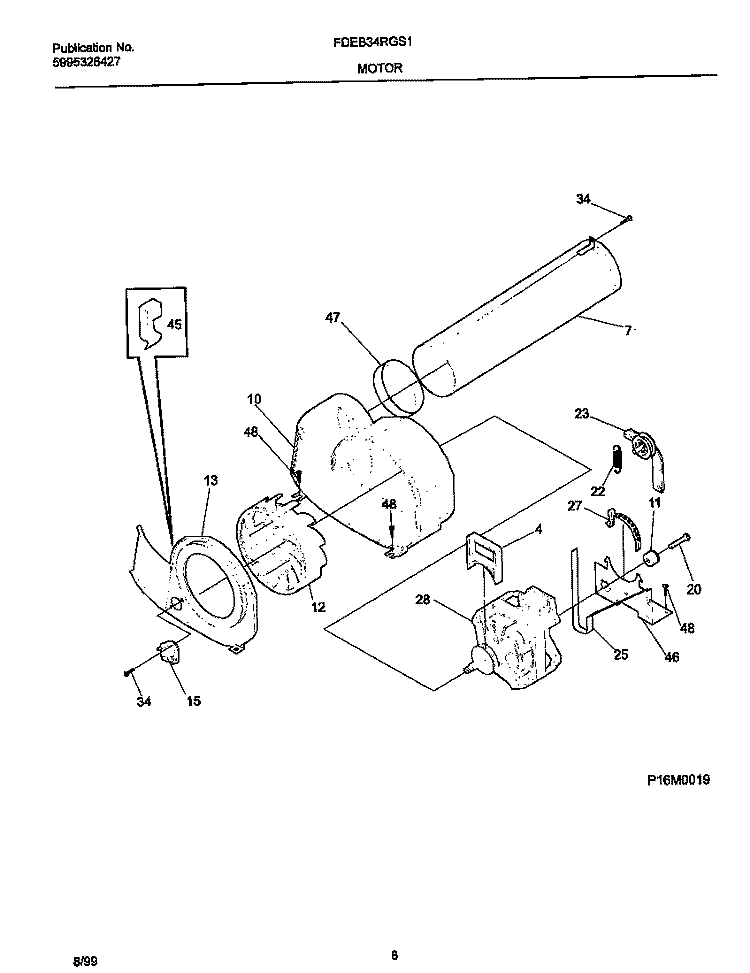 P16M0019 MOTOR, BLOWER Diagram and Parts List for FDEB34RGS1  Frigidaire Dryer