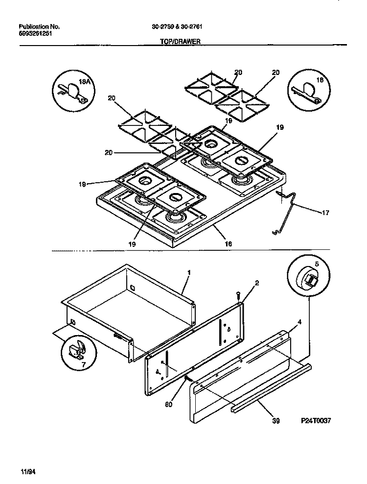 TOP / DRAWER Diagram and Parts List for 30-2761-00-06  Tappan Range
