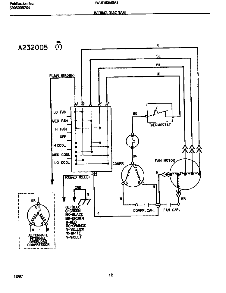 WIRING DIAGRAM Diagram and Parts List for WAS182G2A1  Frigidaire Air Conditioner