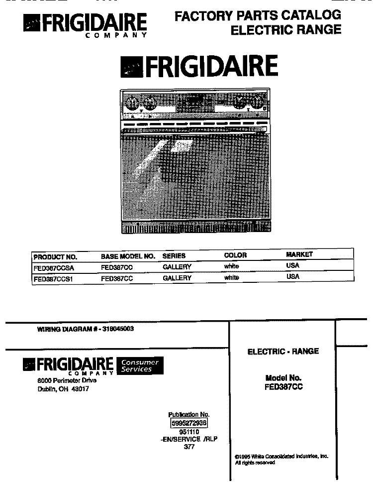 COVER Diagram and Parts List for FED387CCSA  Frigidaire Wall Oven