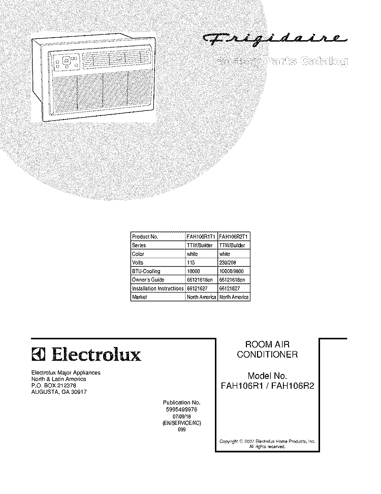 COVER Diagram and Parts List for FAH106R1T1  Frigidaire Air Conditioner
