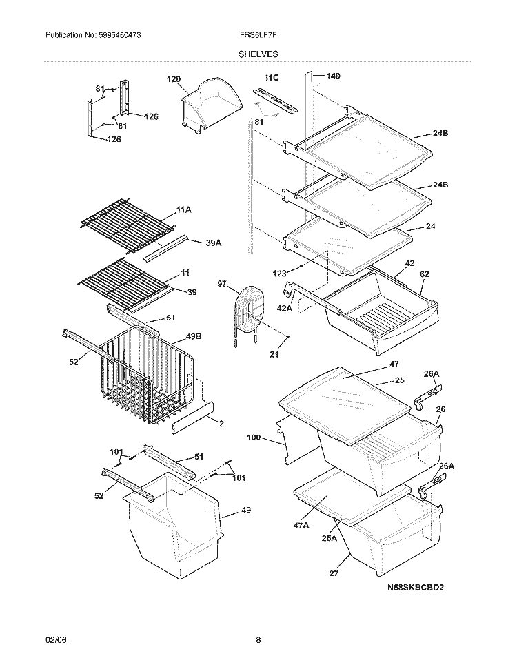 SHELVES Diagram and Parts List for FRS6LF7FM0  Frigidaire Refrigerator