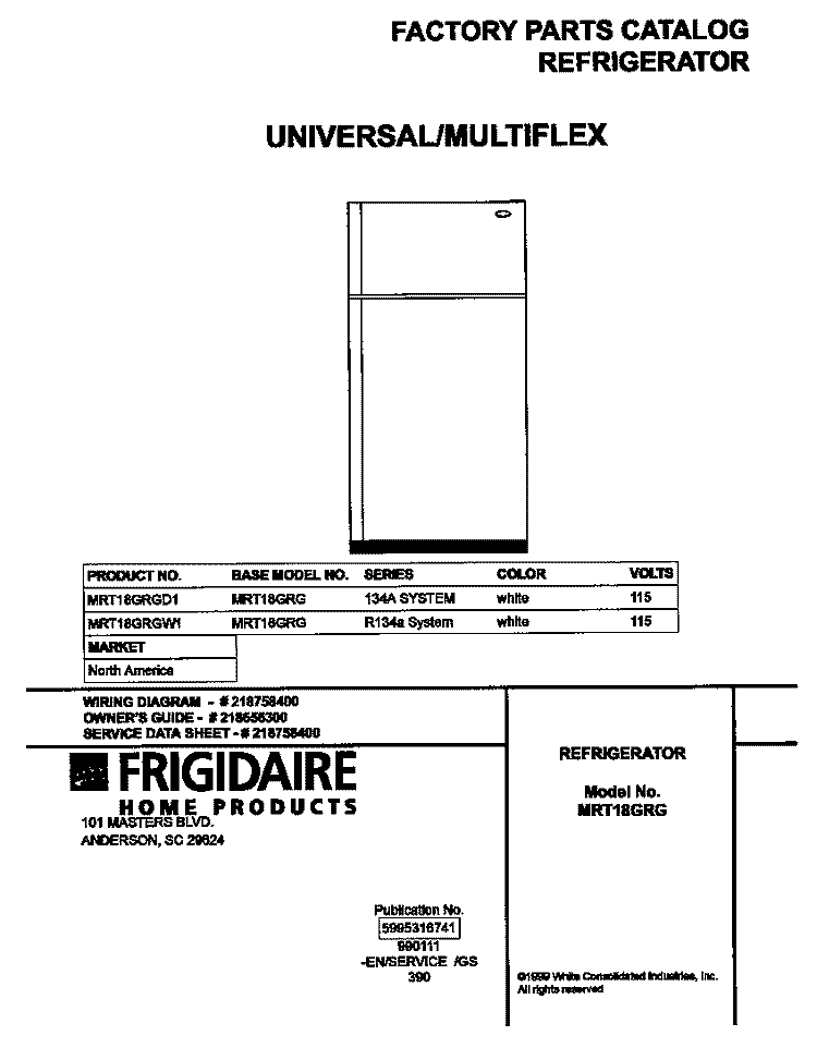 COVER Diagram and Parts List for MRT18GRGW1  Frigidaire Refrigerator