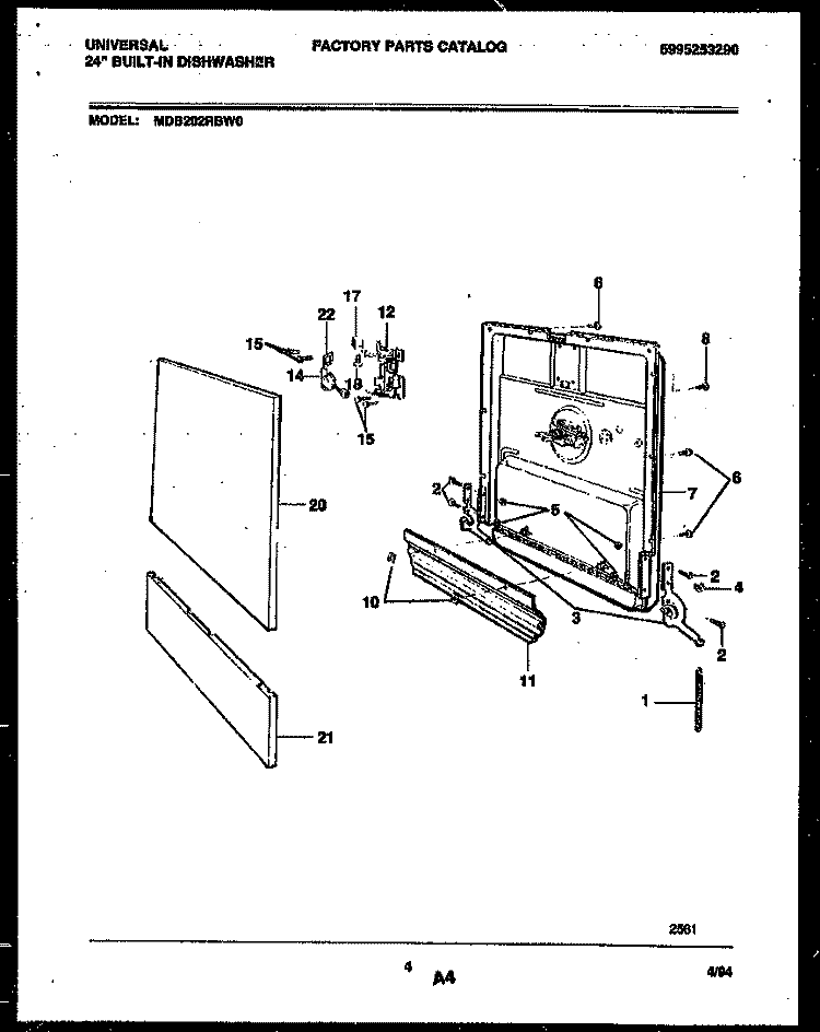 DOOR PARTS Diagram and Parts List for MDB202RBW0  Frigidaire Dishwasher