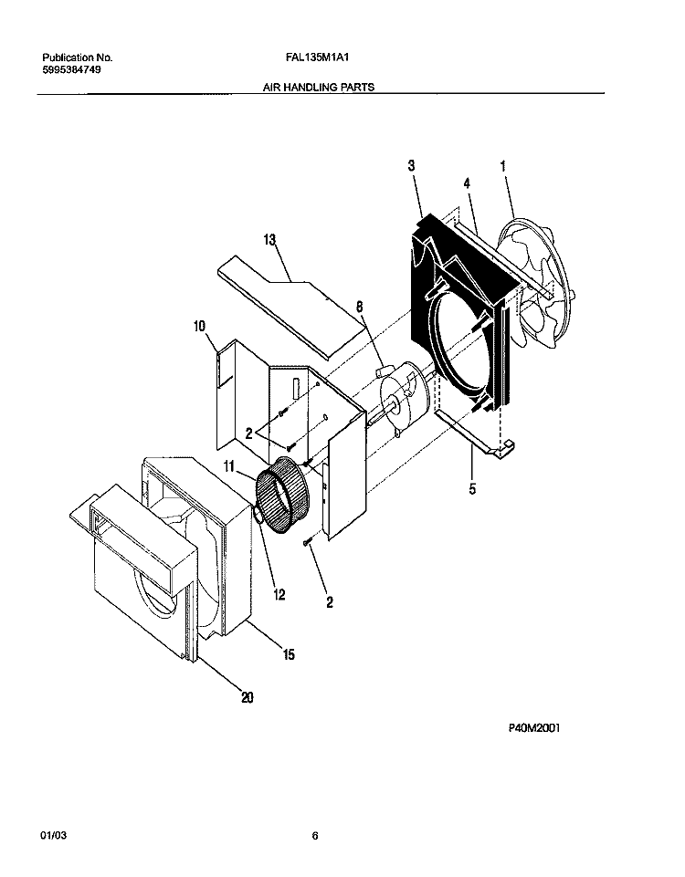 AIR HANDLING PARTS Diagram and Parts List for FAL135M1A1  Frigidaire Air Conditioner