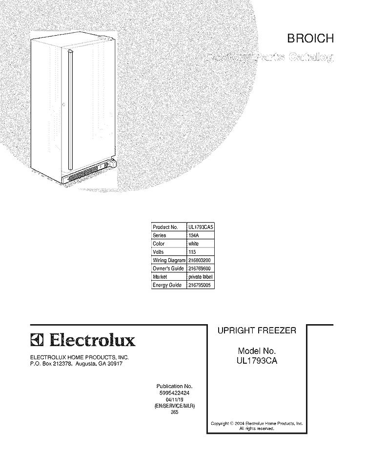 COVER Diagram and Parts List for UL1793CA5  Frigidaire Freezer