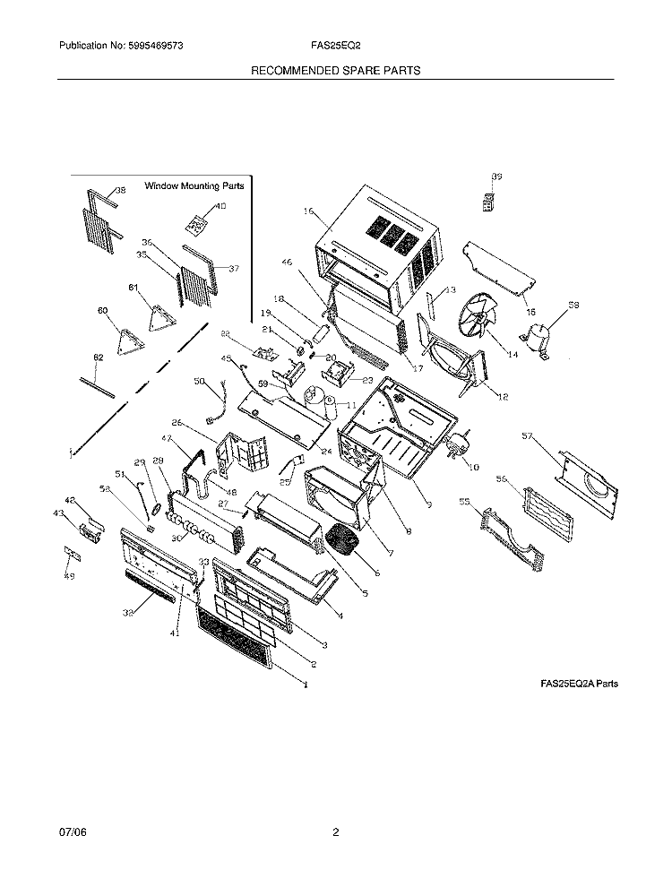 RECOMMENDED SPARE PARTS Diagram and Parts List for FAS25EQ2A2  Frigidaire Air Conditioner