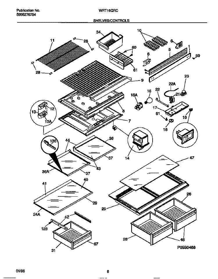 SHELVES / CONTROLS Diagram and Parts List for WRT16QRCD1  Frigidaire Refrigerator