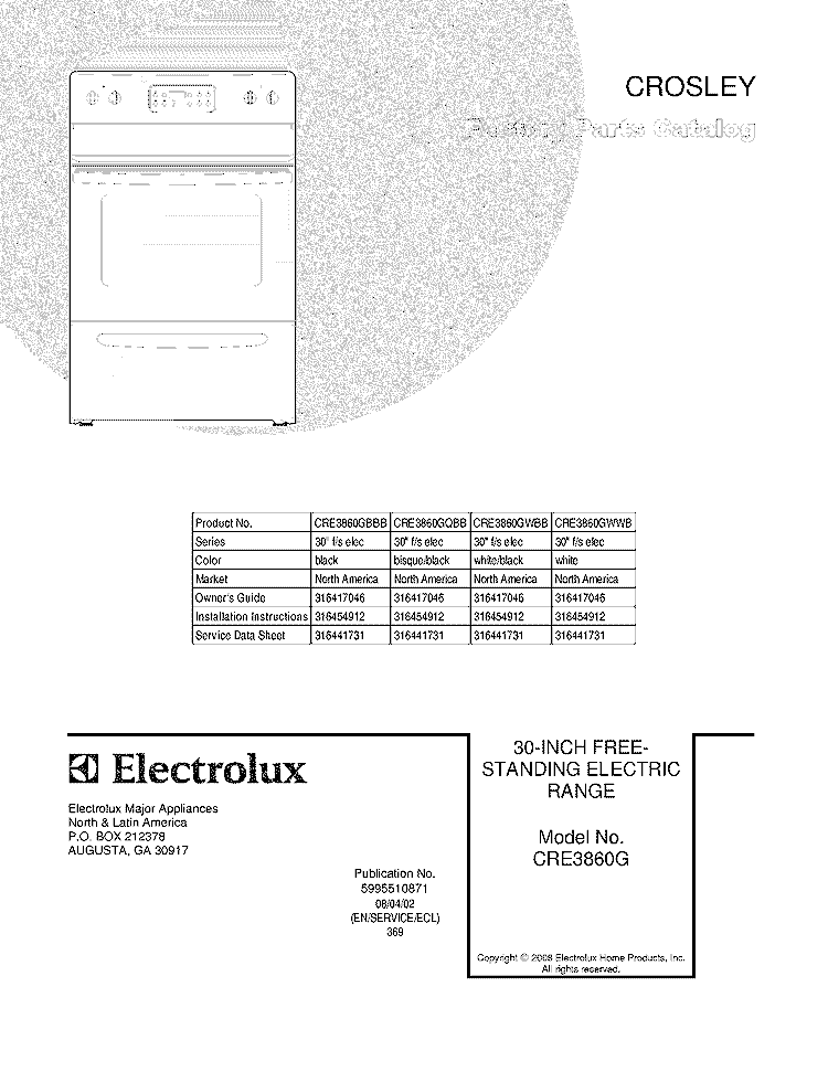 COVER Diagram and Parts List for CRE3860GWBB  Crosley Range