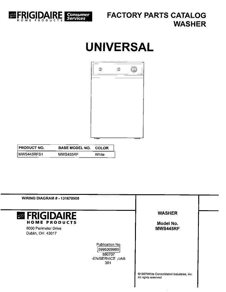 COVER Diagram and Parts List for MWS445RFS1  Frigidaire Washer