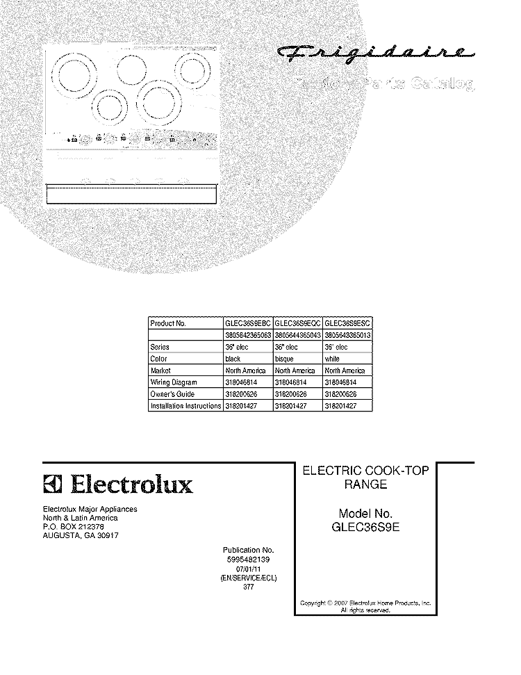 COVER Diagram and Parts List for GLEC36S9EQC  Frigidaire Cooktop