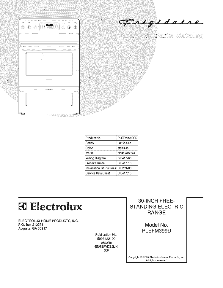 COVER Diagram and Parts List for PLEFM399DCD  Frigidaire Range