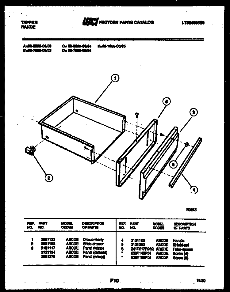 DRAWER PARTS Diagram and Parts List for 30-3988-66-03  Tappan Range