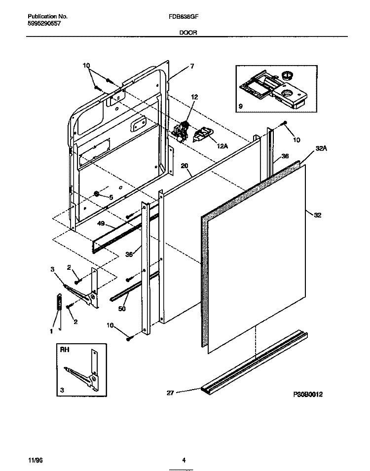 DOOR Diagram and Parts List for FDB636GFS1  Frigidaire Dishwasher