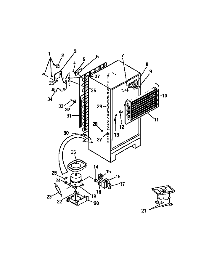 COMPRESSOR, CONDENSER, EVAPORATOR Diagram and Parts List for FPD16TCL0  Frigidaire Refrigerator
