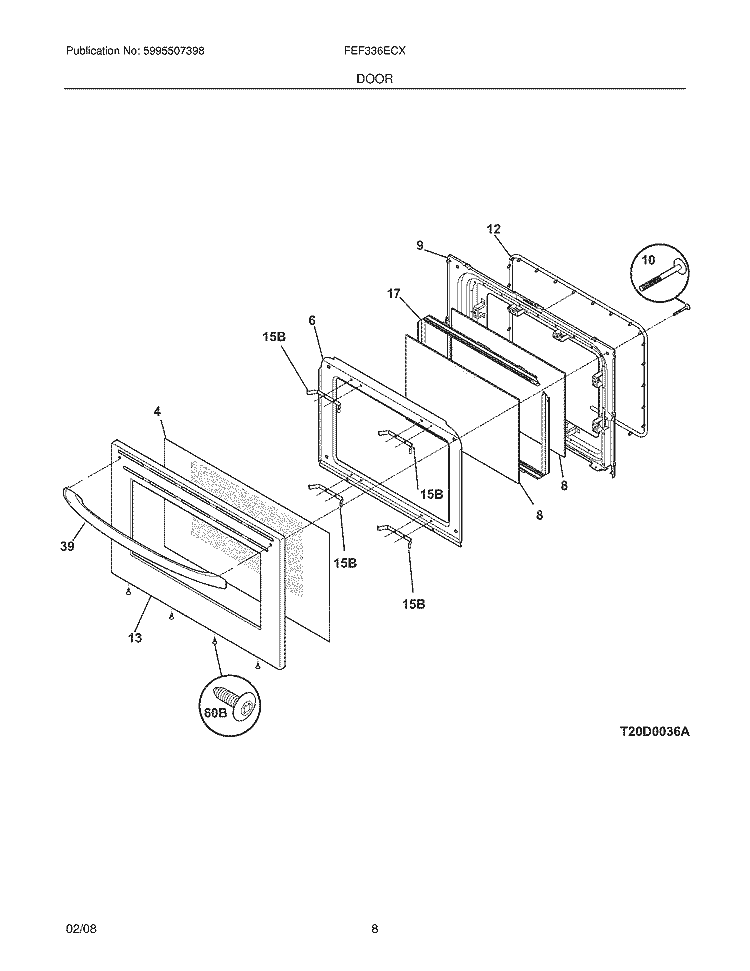 DOOR Diagram and Parts List for FEF336ECX  Frigidaire Range