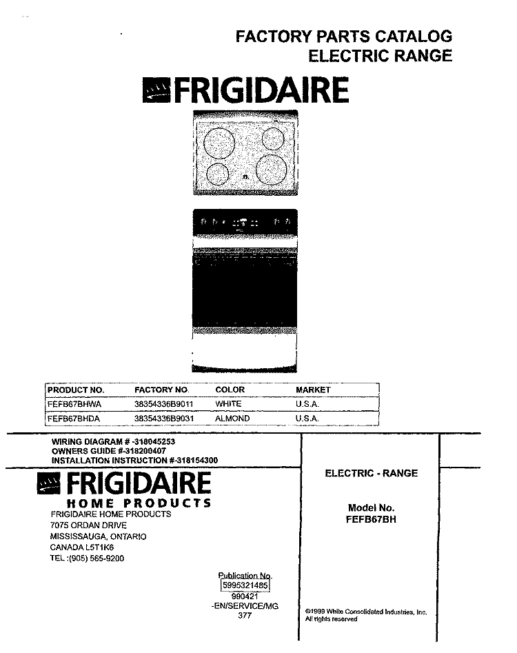 COVER Diagram and Parts List for FEFB67BHDA  Frigidaire Range