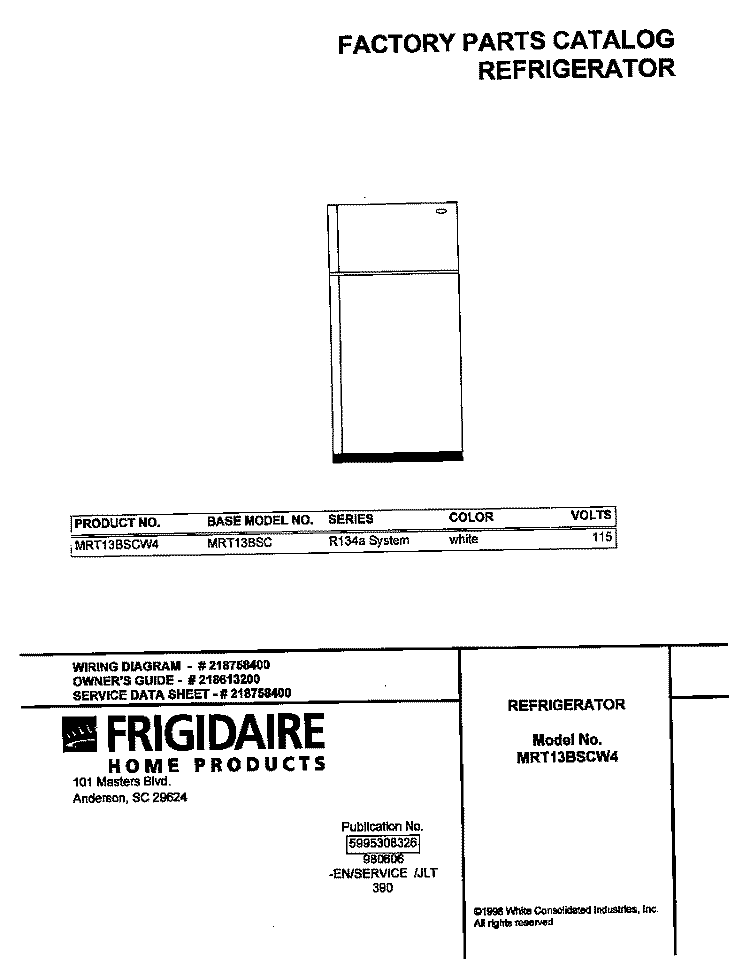 COVER Diagram and Parts List for MRT13BSCW4  Frigidaire Refrigerator